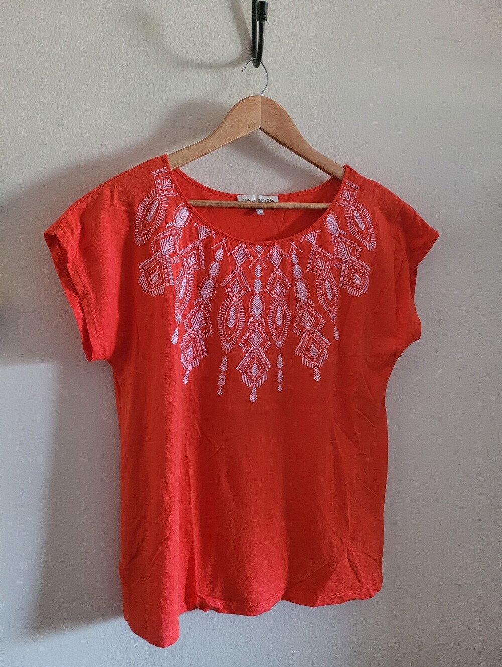 JNY Tribal Embroidered Collar Tshirt, Women's XL, Tomato Red